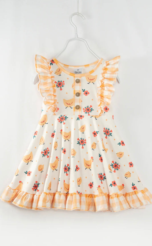 Yellow Chicken Ruffle Girl Twirl Dress