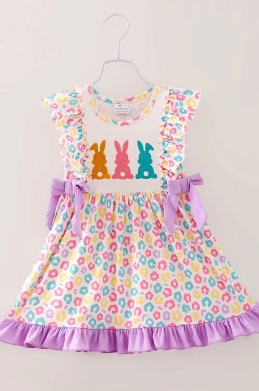 Easter Purple Blue Leopard Bunny Ruffle Girl Dress