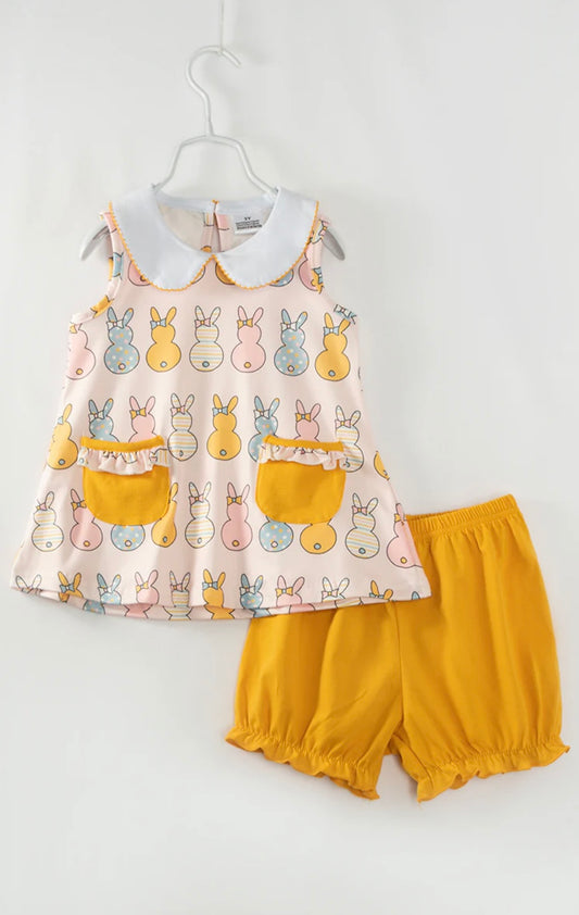 Easter Multicolor Bunny Pocket Girl Short Set