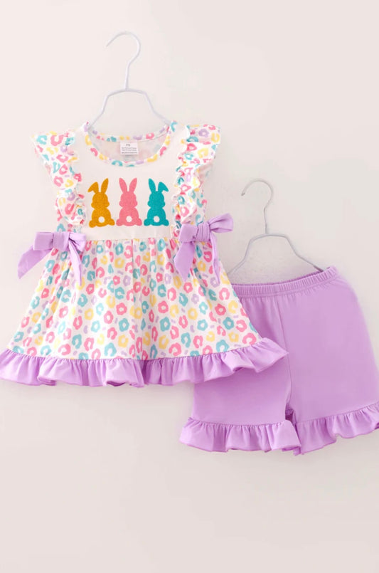 Easter Purple Blue Leopard Bunny Ruffle Girl Outfit