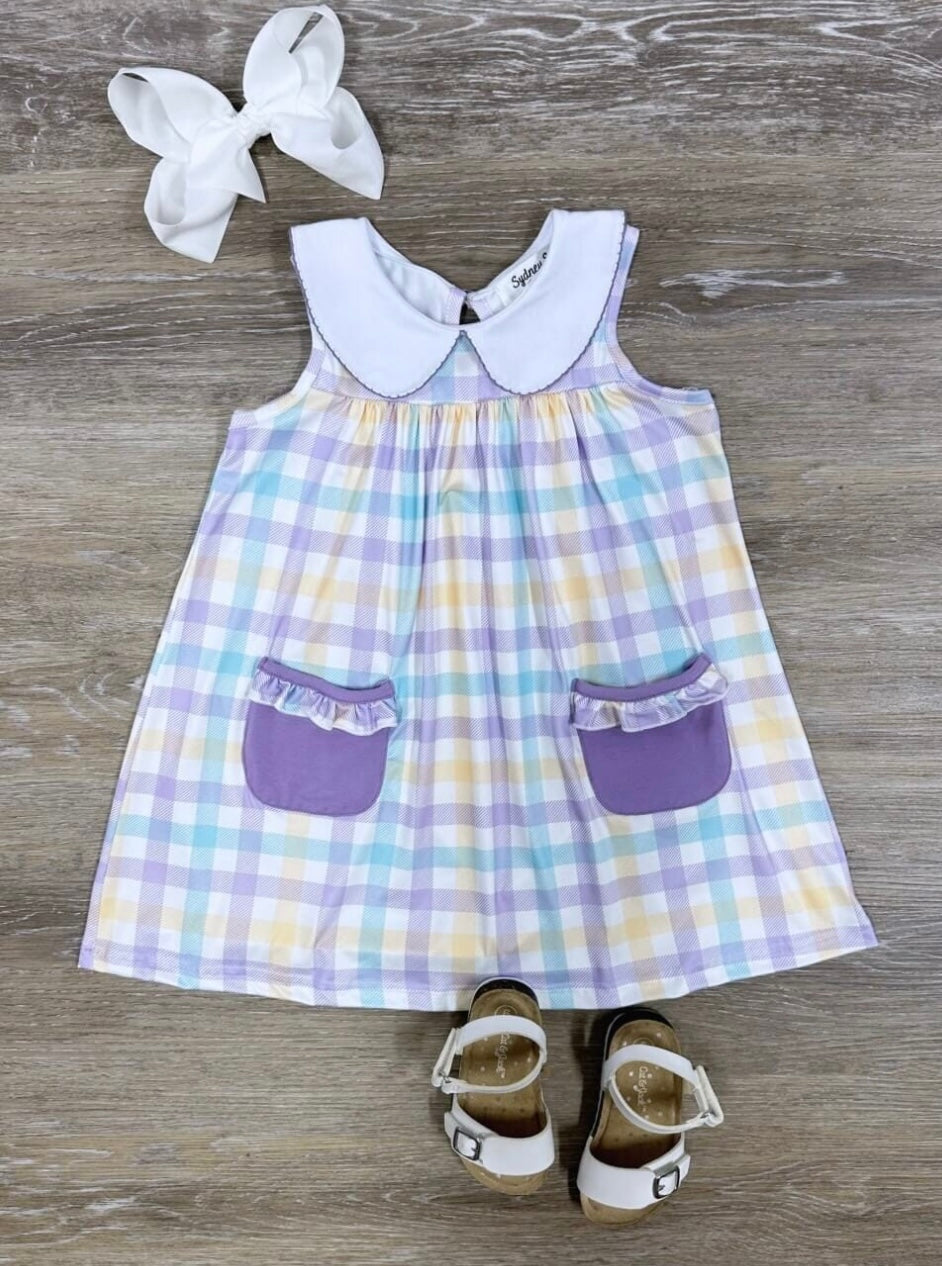 Pastel Plaid Girls Pocketed Spring or Easter Dress