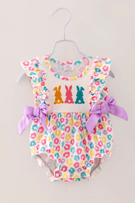 Easter Purple Blue Leopard Bunny Ruffle Baby Girl Romper