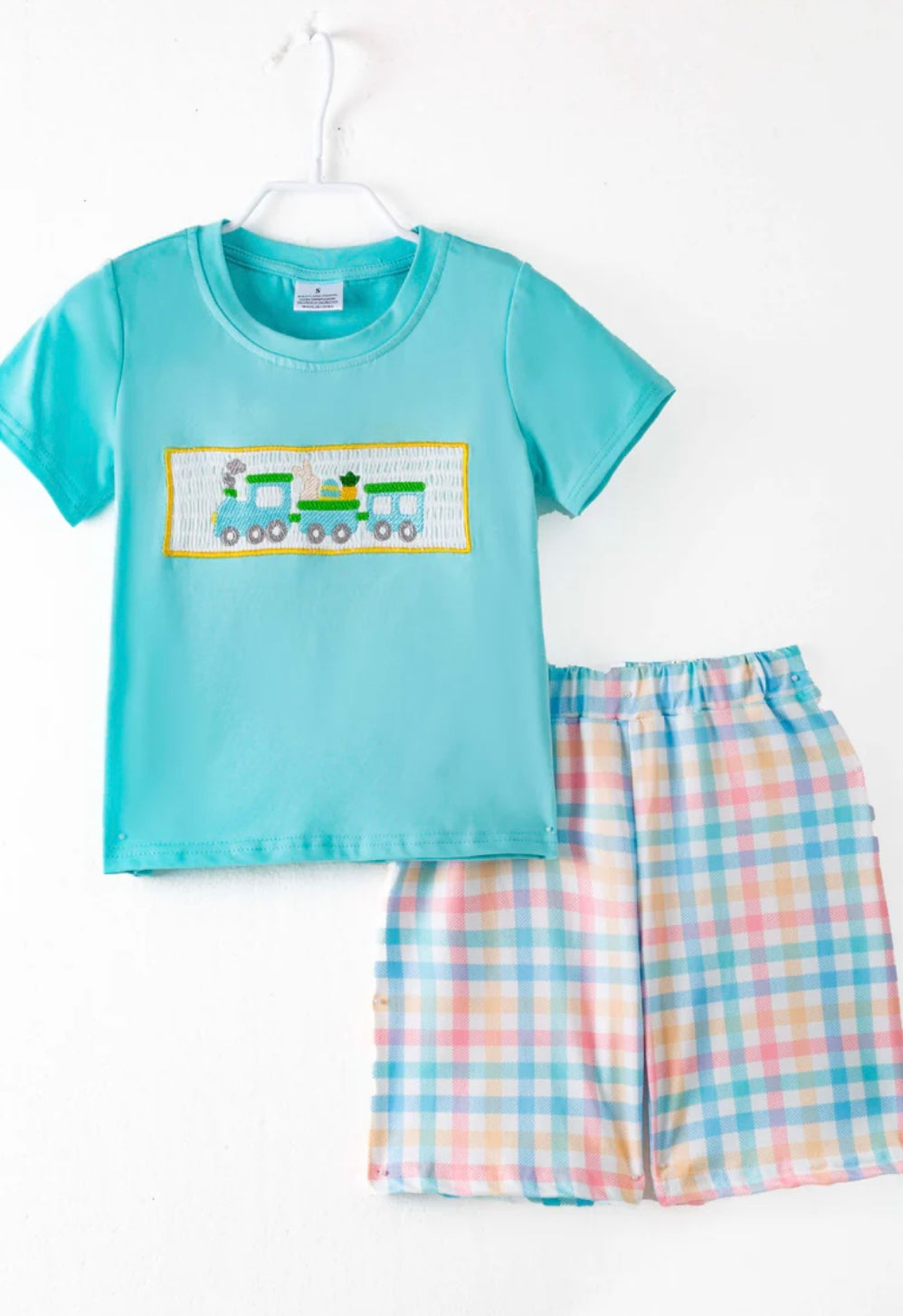 Blue Little Train Egg Carrot Bunny Boy Short Set